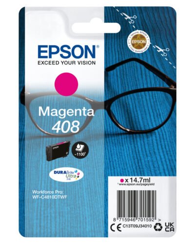 De Epson Singlepack Magenta 408 DURABrite Ultra Ink Cartridge is een betrouwbare inkjetcartridge voor scherpe, levendige afdrukken en past perfect