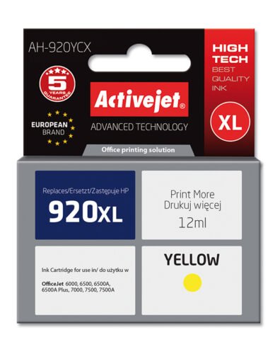 Dit alternatieve HP 920 XL Yellow-inktcartridge biedt een betrouwbare en voordelige oplossing voor scherpe, heldere gele afdrukken. Geschikt voor diverse