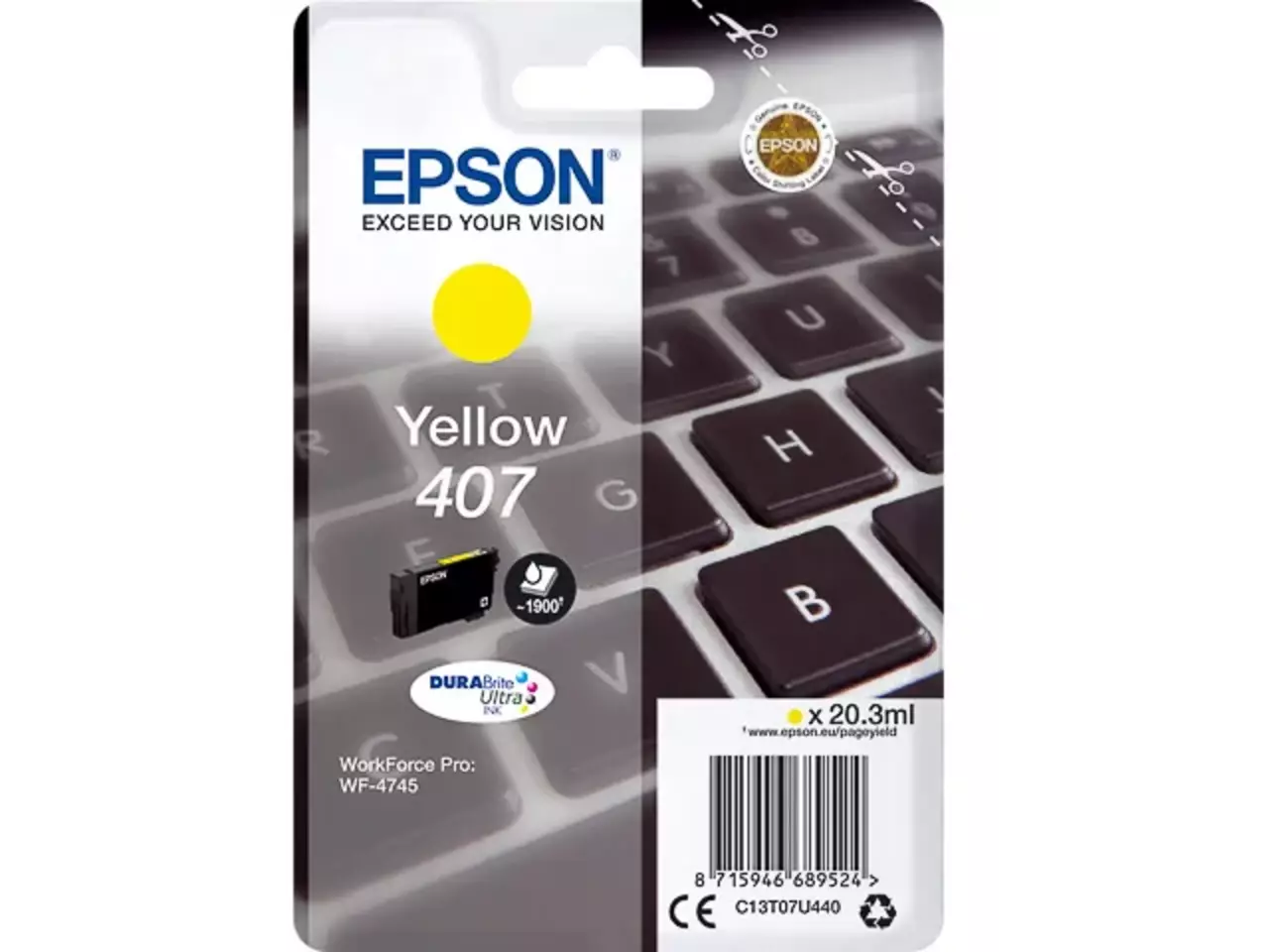 Epson WF Inkt geel 1900 pagina’s voor WF-4745 (407) De EPSON WF-4745 inkt geel levert heldere, consistente kleuren en scherpe resultaten voor al je dagelijkse prints. Met een hoge