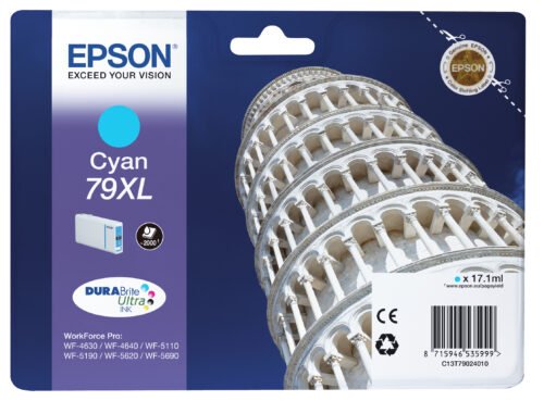 De Epson Tower of Pisa Singlepack Cyan 79XL DURABrite Ultra Ink is een cyaan XL-inktcartridge met hoog rendement, ideaal voor
