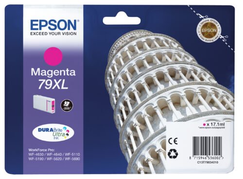 De Epson Tower of Pisa Singlepack Magenta 79XL DURABrite Ultra Ink levert scherpe, duurzame afdrukken met pigmentinkt en hoog XL-rendement.