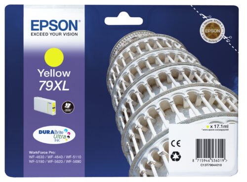 De Epson Tower of Pisa Singlepack Yellow 79XL DURABrite Ultra Ink levert heldere, duurzame gele afdrukken met hoog XL-rendement voor