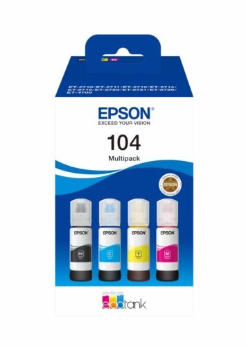 De Epson 104 EcoTank 4-colour Multipack is een originele inktset met zwart, cyaan, magenta en geel, speciaal ontworpen voor diverse
