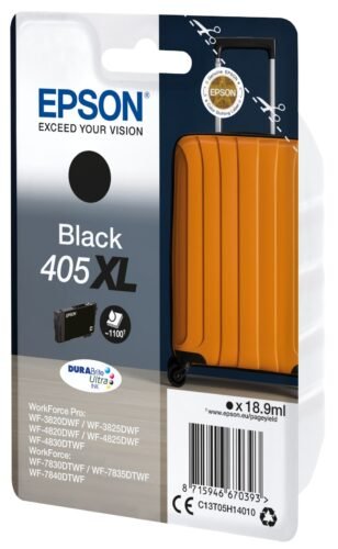 De Epson Singlepack Black 405XL DURABrite Ultra Ink is een hoogwaardige XL-inktcartridge met pigmentzwarte inkt voor scherpe, professionele afdrukken. Dankzij