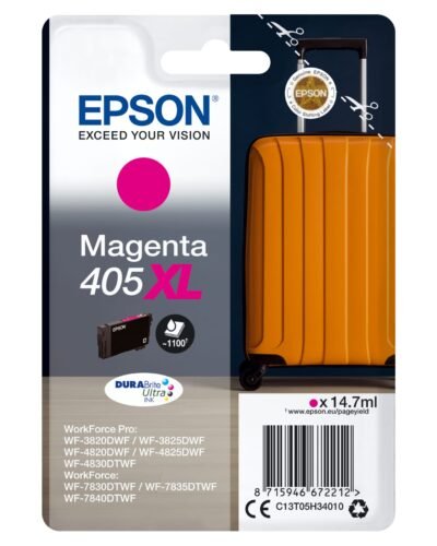 De Epson Singlepack Magenta 405XL DURABrite Ultra Ink biedt betrouwbaar hoog rendement en scherpe magenta afdrukken voor diverse WorkForce Pro-printers.