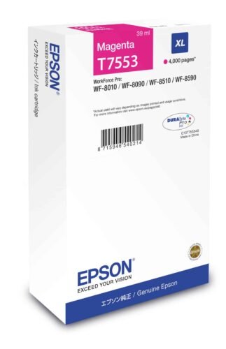 Epson Ink Cartridge XL Magenta levert scherpe, levendige magentakleuren met hoog XL-rendement voor diverse Epson WorkForce Pro-printers. Deze pigmentinktcartridge is