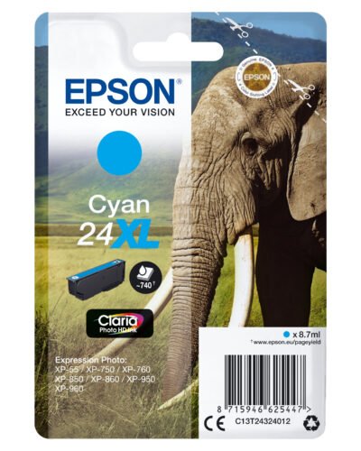 De Epson Elephant Singlepack Cyan 24XL Claria Photo HD Ink biedt hoog rendement en levert tot 740 pagina’s aan levendige