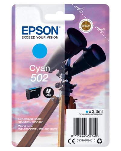 De Epson Singlepack Cyan 502 Ink levert heldere cyaanprints met een normaal rendement van 165 pagina’s, ideaal voor dagelijks gebruik.