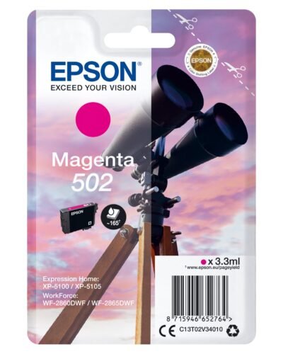 De Epson Singlepack Magenta 502 Ink is een betrouwbare magenta inktcartridge met pigmentinkt en een opbrengst tot 165 pagina’s, ideaal