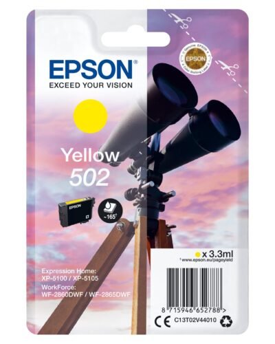 De Epson Singlepack Yellow 502 Ink levert heldere, pigmentgebaseerde gele afdrukken met een opbrengst tot 165 pagina’s. Deze normale-inkjetcartridge is
