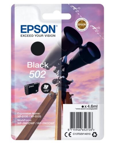 De Epson Singlepack Black 502 Ink is een betrouwbare zwarte inktcartridge met normaal rendement, goed voor scherpe afdrukken tot 210