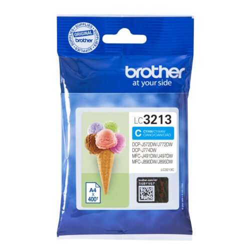 De Brother LC3213C is een cyan inktcartridge met hoog XL-rendement, goed voor ongeveer 400 pagina’s en ideaal voor heldere kleurafdrukken.