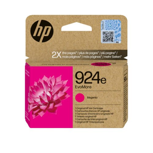 De HP 924e EvoMore originele magenta inktcartridge levert scherpe, levendige kleuren en is goed voor tot 800 pagina’s. Dankzij het