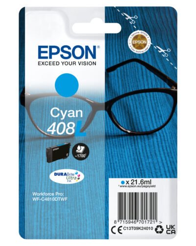 De Epson Singlepack Cyan 408L DURABrite Ultra Ink levert heldere cyaankleuren en is een hoogwaardige XL-inktcartridge op pigmentbasis voor scherpe,