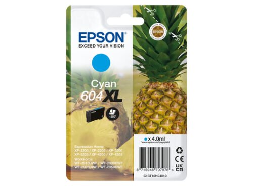 De Epson 604XL cyaan inktcartridge levert hoog rendement en tot 350 pagina’s, ideaal voor scherpe kleurafdrukken thuis of op kantoor.
