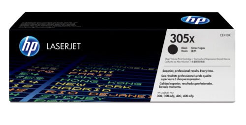 De HP 305X originele high-capacity zwarte LaserJet tonercartridge levert scherpe zwarte afdrukken en gaat tot 4000 pagina’s mee. Deze HP