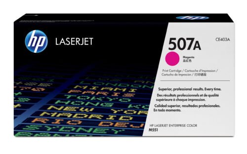 De HP 507A originele magenta LaserJet tonercartridge levert scherpe, levendige afdrukken en gaat tot 6000 pagina’s mee. Deze magenta toner