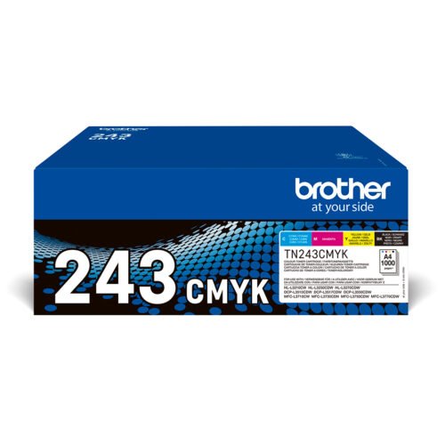 Brother TN-243CMYK is een complete tonerset met zwart, cyaan, magenta en geel, goed voor tot 1000 pagina’s per kleur. Deze