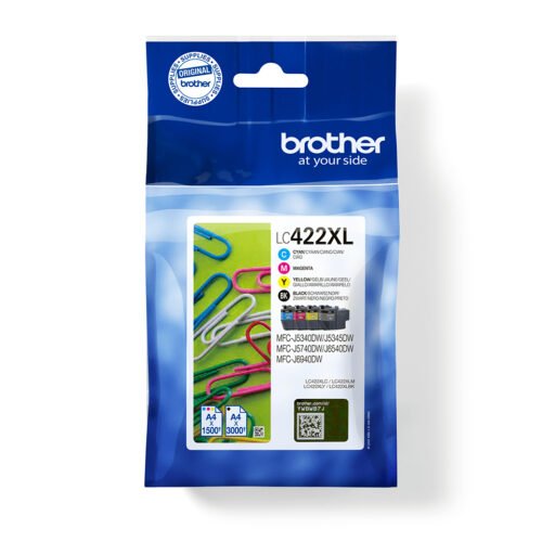 De Brother LC422XLVAL is een handige multi-verpakking met zwarte, cyaan, magenta en gele inkt, goed voor scherpe afdrukken en een