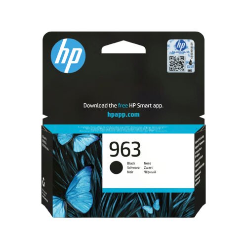 De HP 963 originele zwarte inktcartridge levert scherpe zwarte afdrukken en gaat tot 1000 pagina’s mee. Deze cartridge is geschikt