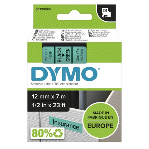 DYMO originele D1 labels bieden scherpe zwarte tekst op een groen polyester label en zijn ideaal voor allerlei LabelManager-printers. Dankzij
