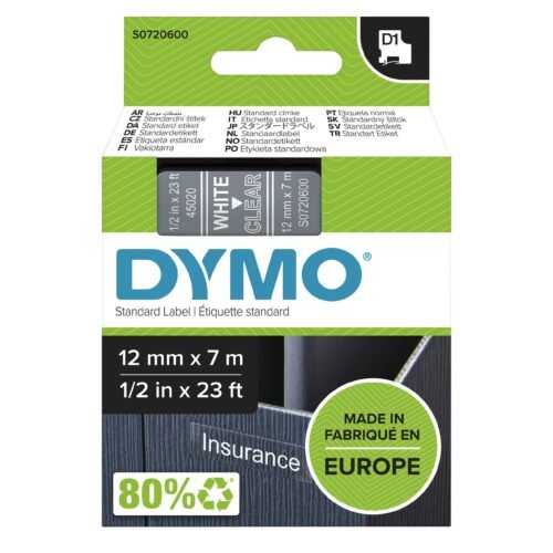 DYMO originele D1 labels met witte tekst op transparant zorgen voor nette, duurzame etiketten voor je LabelManager labelprinter. Deze zelfklevende