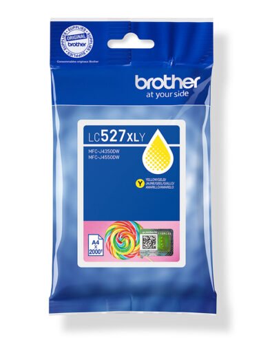 De Brother LC527XLY is een gele XL-inktcartridge op pigmentbasis met een hoge opbrengst van tot 2000 pagina’s, ideaal voor scherp