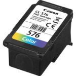 De Canon CL-576 is een kleurencartridge met normaal rendement, goed voor tot 100 pagina’s heldere afdrukken in cyaan, magenta en
