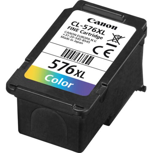 De Canon CL-576XL is een kleureninktcartridge met hoog (XL) rendement, goed voor tot 300 pagina’s scherpe afdrukken in magenta, geel