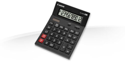Canon AS-2200. Vormfactor: Desktop, Soort: Rekenmachine met display. Cijfers: 12 cijfers, Beeldscherm kanteling. Winst berekening. Stroombron: Batterij/Accu. Kleur van het