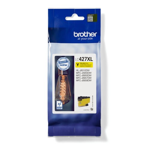 De Brother LC-427XLY is een gele XL-inktcartridge op pigmentbasis met een hoge opbrengst tot 5000 pagina’s, ideaal voor wie lang