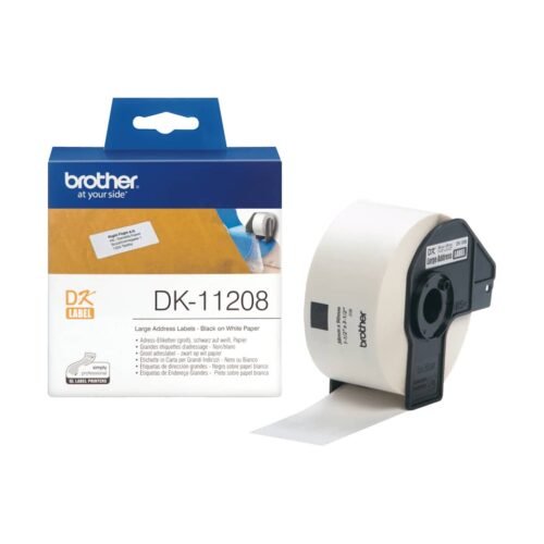 Brother DK-11208 is een praktische labelrol met zwarte opdruk op wit papier, ideaal voor duidelijke en professionele labels. Met 400