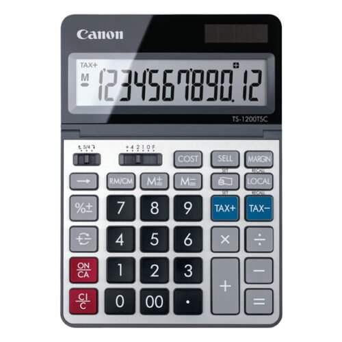 Canon TS-1200TSC. Vormfactor: Desktop, Soort: Basisrekenmachine. Cijfers: 12 cijfers, Tekstregels: 1 regels, Beeldscherm kanteling. Valuta omrekenaar, Belasting berekening. Stroombron: Batterij/Accu.