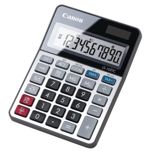 Canon LS-102 TC. Vormfactor: Desktop, Soort: Basisrekenmachine. Cijfers: 10 cijfers. Valuta omrekenaar, Belasting berekening. Stroombron: Batterij/Zonne-energie. Kleur van het product: