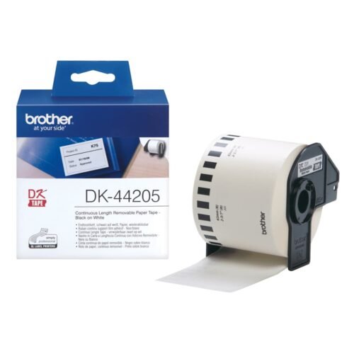 Brother DK-44205 is een witte labelrol met zwarte afdruk, ideaal voor heldere en professionele etiketten. Deze Brother DK-44205 tape is