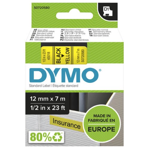 DYMO originele D1 labels met zwarte tekst op geel zijn duurzame, zelfklevende etiketten van polyester voor een duidelijke en professionele