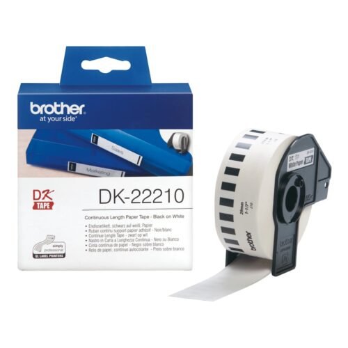 De Brother DK-22210 is een duurzame labeltape met zwart-op-wit bedrukking, ideaal voor heldere en professionele labels. Met een breedte van
