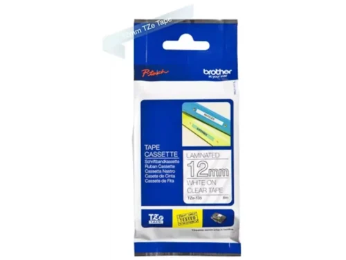 De Brother TZE-135 is een betrouwbare TZe-tape met witte tekst op transparant, ideaal voor nette en duidelijke labels. Met een