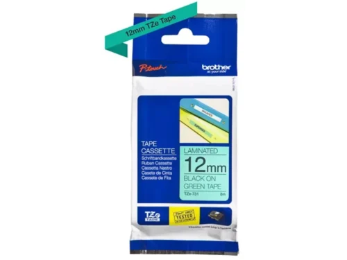 De Brother Labeltape 12mm is een duurzame TZe-tape met zwart op groen print, ideaal voor heldere en professionele labels. Dankzij