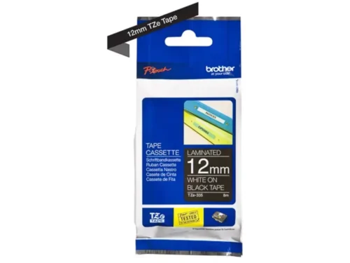 De Brother TZE-335 is een duurzame labeltape met witte opdruk op zwarte achtergrond, ideaal voor een groot aantal Brother P-touch