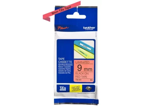 Brother TZE-421 is een duurzame Brother-labeltape met zwart-op-rode afdruk, ideaal voor duidelijke en professionele labels. Met een breedte van 9