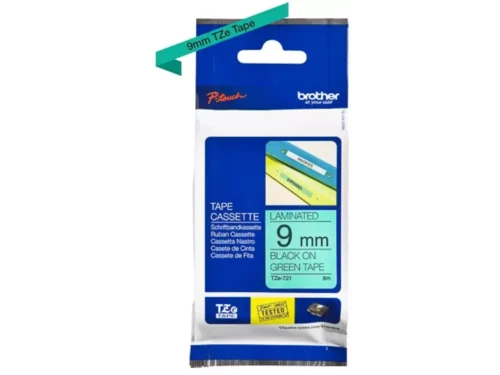 Brother Labeltape 9mm is een handige TZe-tape met zwart-op-groene opdruk, ideaal voor duidelijke en duurzame labels. Dankzij de breedte van