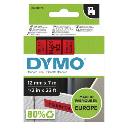 DYMO originele D1 labels met zwarte tekst op een rood label zorgen voor duidelijke, duurzame etiketten voor je LabelManager labelmaker.