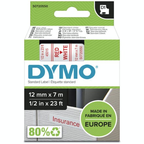 DYMO originele D1 labels zorgen voor duidelijke, duurzame en professioneel ogende etiketten met rode tekst op een wit polyester label.