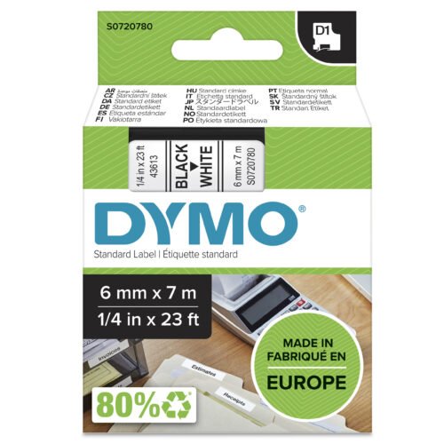DYMO originele D1 labels bieden heldere zwarte tekst op een wit, duurzaam polyester label en zijn ideaal voor strak en