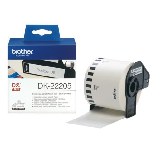 De Brother DK-22205 is een doorlopend etiket met zwarte opdruk op wit, ideaal voor duidelijke en professionele labels. Dankzij de