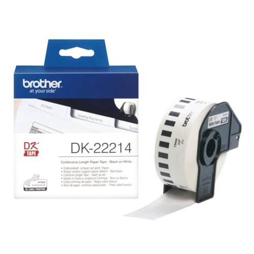 De Brother DK-22214 is een zwarte-op-wit labeltape van 12 mm breed en 30,48 m lang, ideaal voor duidelijke en duurzame