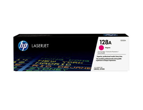 De HP 128A originele magenta LaserJet tonercartridge levert scherpe, levendige afdrukken en is goed voor ongeveer 1300 pagina’s. Deze magenta