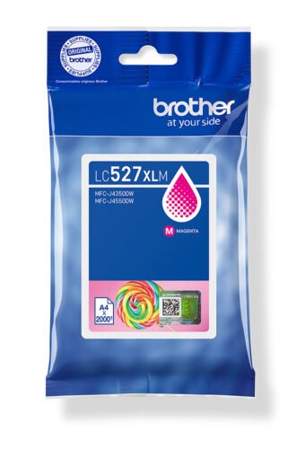 De Brother LC527XLM is een magenta XL-inktcartridge op pigmentbasis, ontworpen voor scherpe afdrukken en een hoge opbrengst van tot 2000