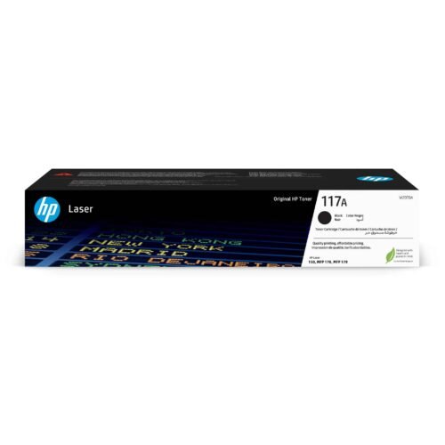 De HP 117A originele zwarte lasertonercartridge levert scherpe zwart-witafdrukken tot 1000 pagina’s en is geschikt voor verschillende HP Color Laser